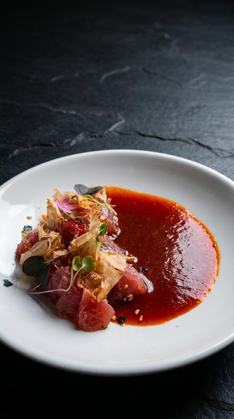 Cubos de maguro coberto por lâminas de katsuobushi e flores, ao lado de molho vermelho vibrante de ponzu e pimentão tostado, em prato branco sobre pedra escura